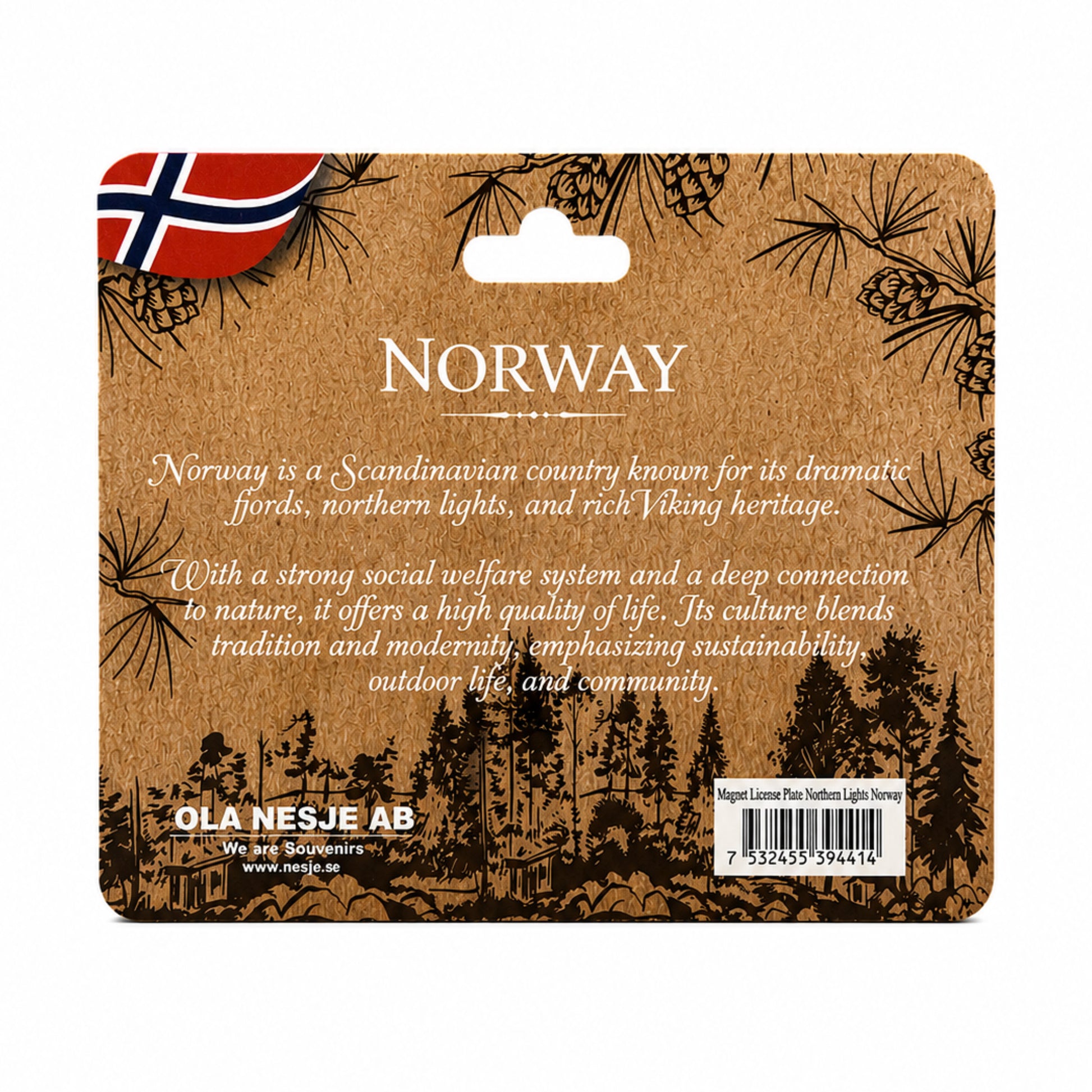 Baksidan av brun header men norska flaggan och text om Norge.