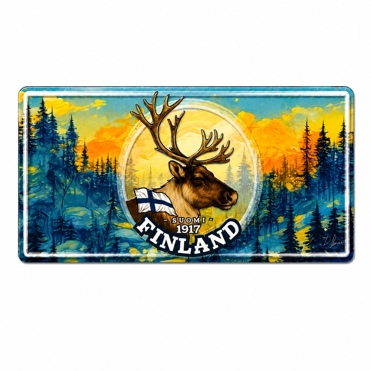 Magnet i form av en amerikansk registreringsskylt med motiv av ett renhuvud, finska flaggan och texten "Suomi - 1917 - Finland" med skog i bakgrunden.