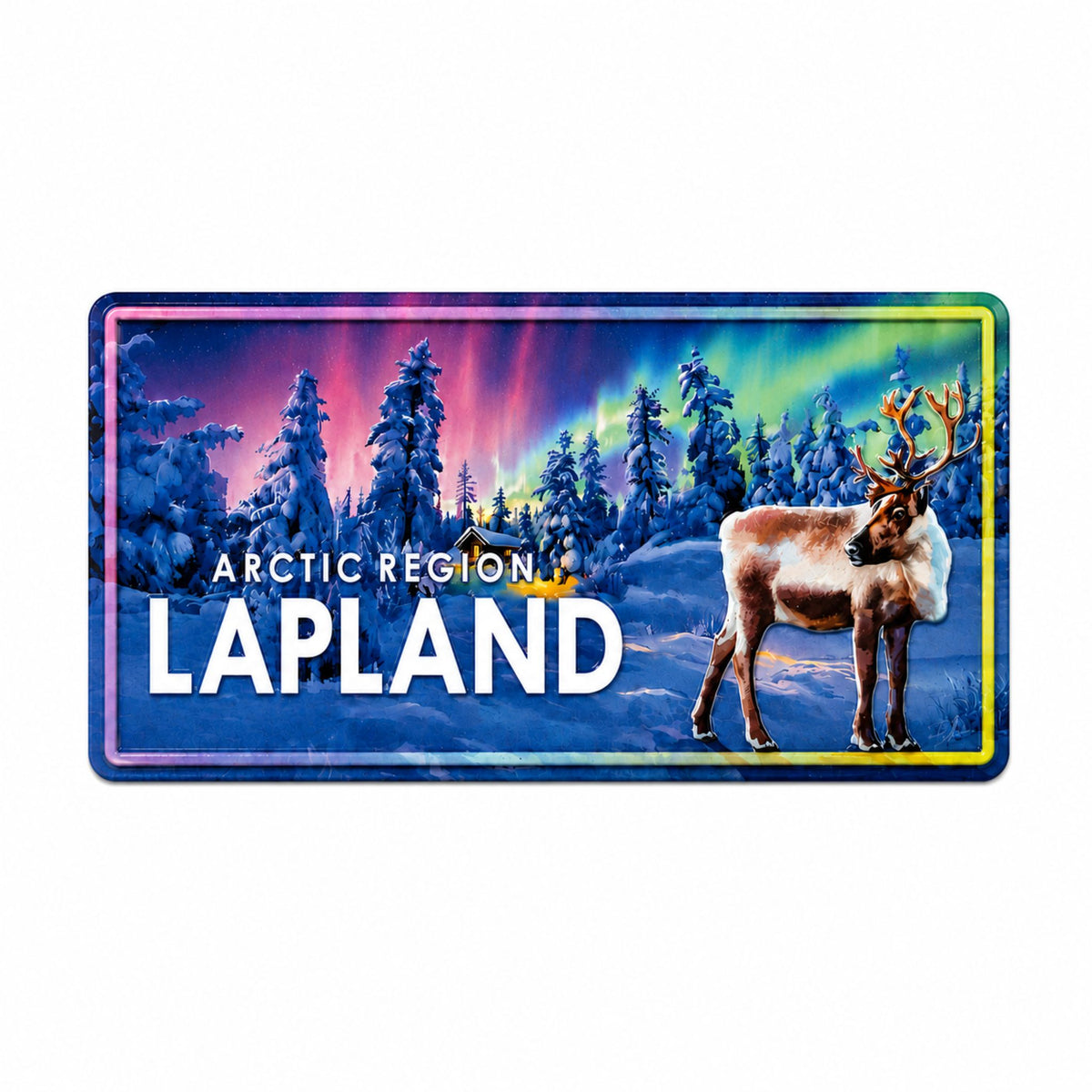 Magnet i form av en amerikansk registreringsskylt med en ren i en snötäckt skog med norrsken och texten "Arctic Region - Lapland".