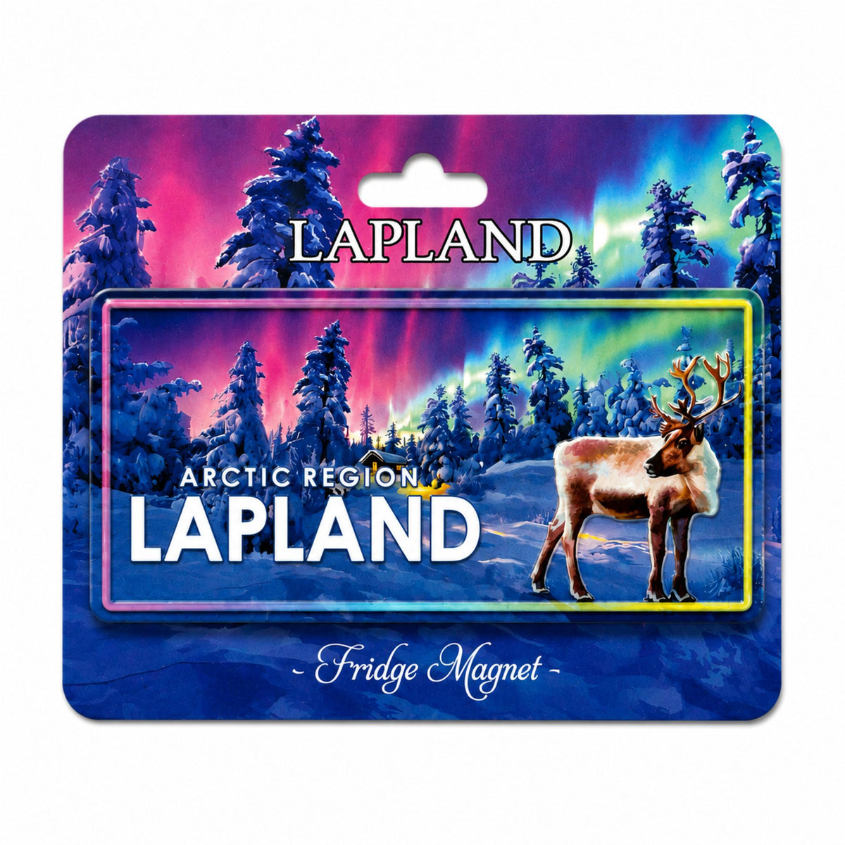 Magnet i form av en amerikansk registreringsskylt med en ren i en snötäckt skog med norrsken och texten "Arctic Region - Lapland". Visas här med header med norrsken och texterna "Lapland" och "Fridge Magnet"