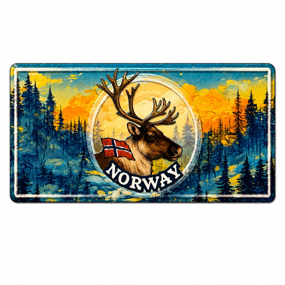 Magnet i form av en amerikansk registreringsskylt med motiv av ett renhuvud, norska flaggan och texten "Norway" med skog i bakgrunden. 