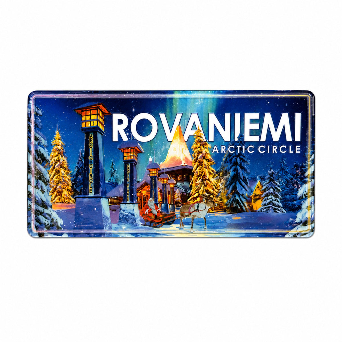 Magnet i amerikans registreringsskylt design med motiv från Rovaniemi Arctic Circle i Lappland. Magneten föreställer Santa Claus Village, ren, släde, snötäckta granar och norrsken.