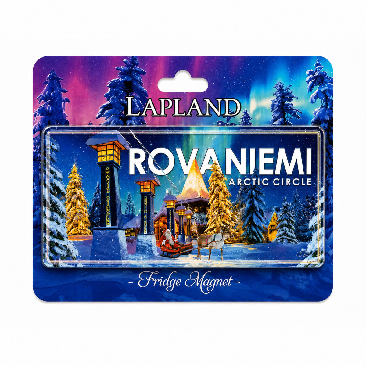 Kylskåpsmagnet i form av registreringsskylt med motiv från Rovaniemi vid polcirkeln i Lappland. Motivet visar Santa Claus Village, ren, släde och norrsken på en dekorativ header med texterna "Lapland" och "Fridge Magnet".