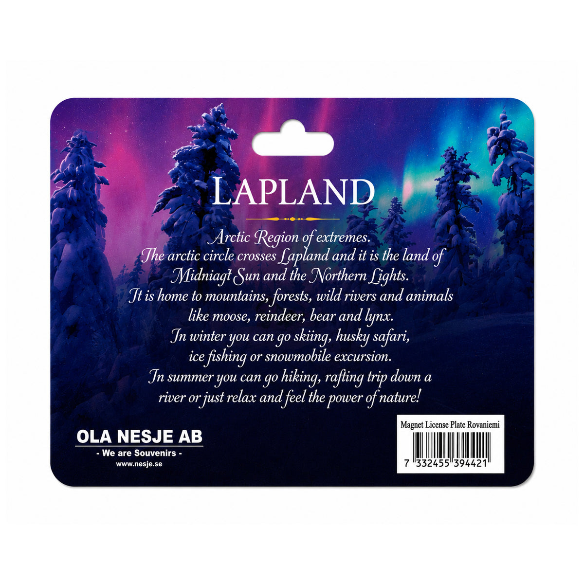 Baksida av header med text om lapland och skog i norrsken. 