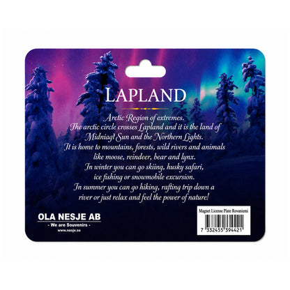 Baksida av header med text om lapland och skog i norrsken. 