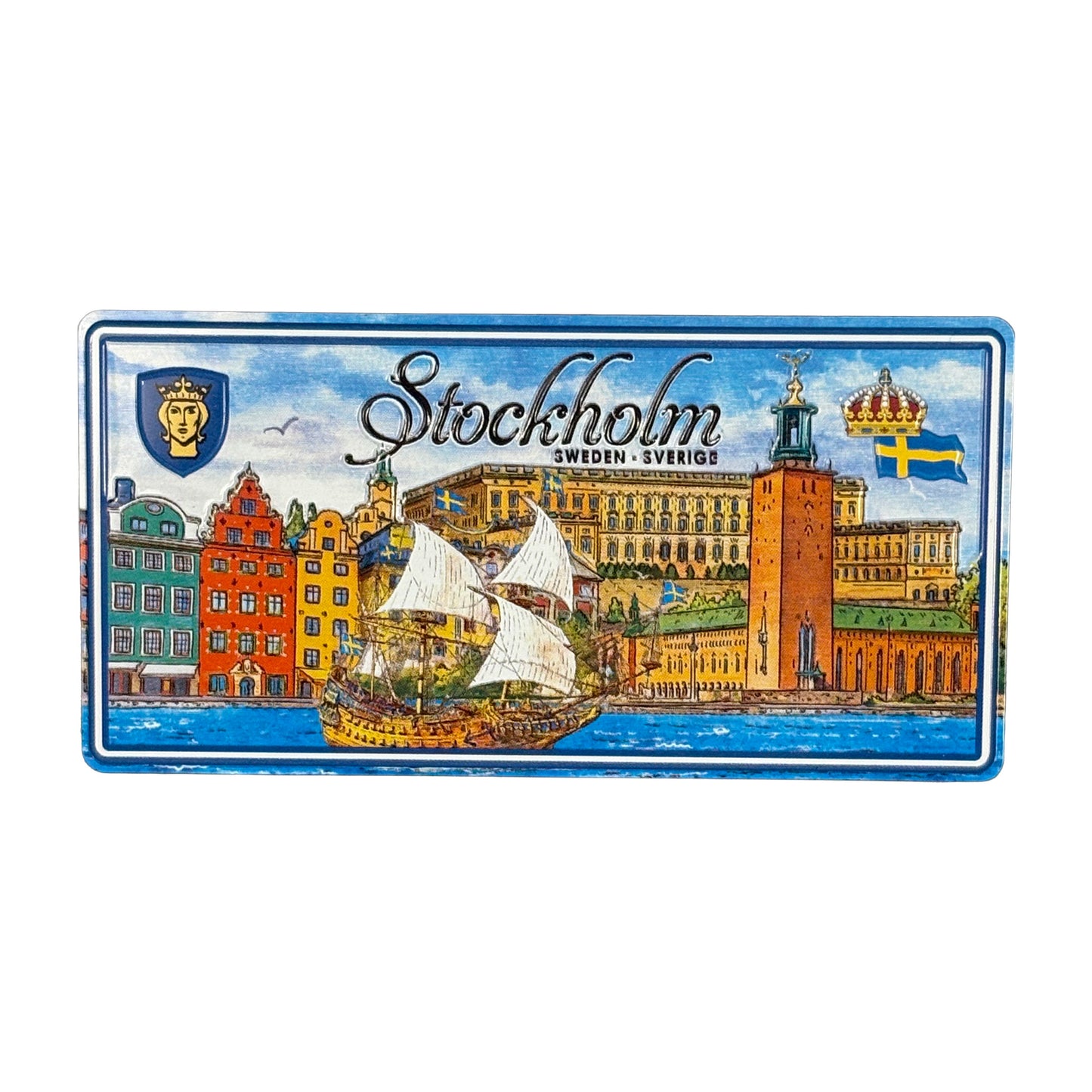 Magnet formad som en amerikansk registreringsskylt med motiv från Stockholm och texten "Stockholm".