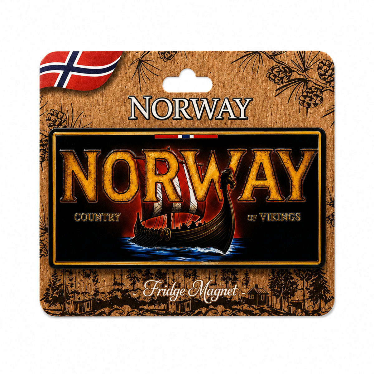 Svart magnet i form av en amerikansk registreringsskylt med vikingaskepp och texten "Norway country of vikings". Visas här på brun header med norska flaggan och texten "Norway" och "Fridge magnet"
