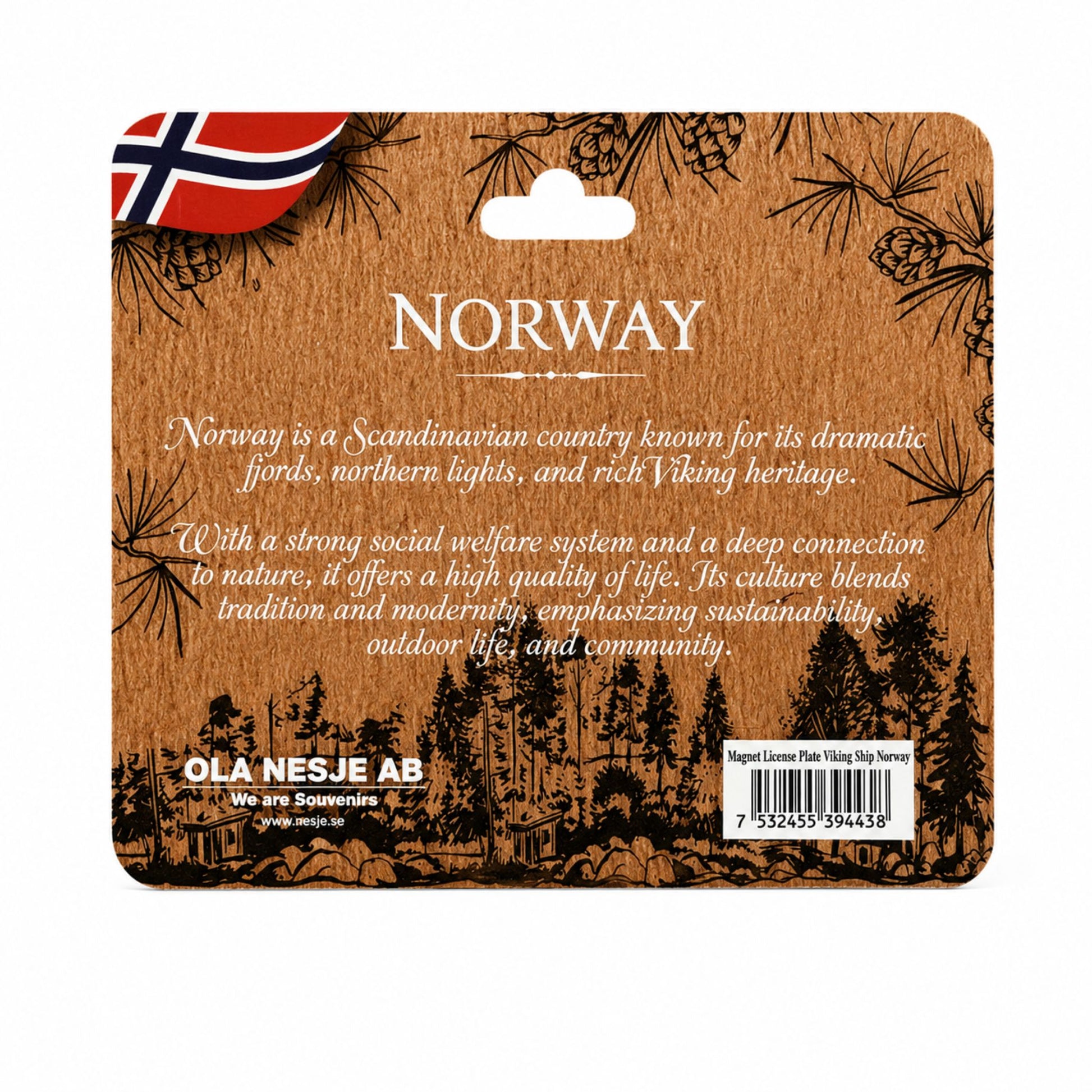 Baksidan av brun header men norska flaggan och text om Norge.