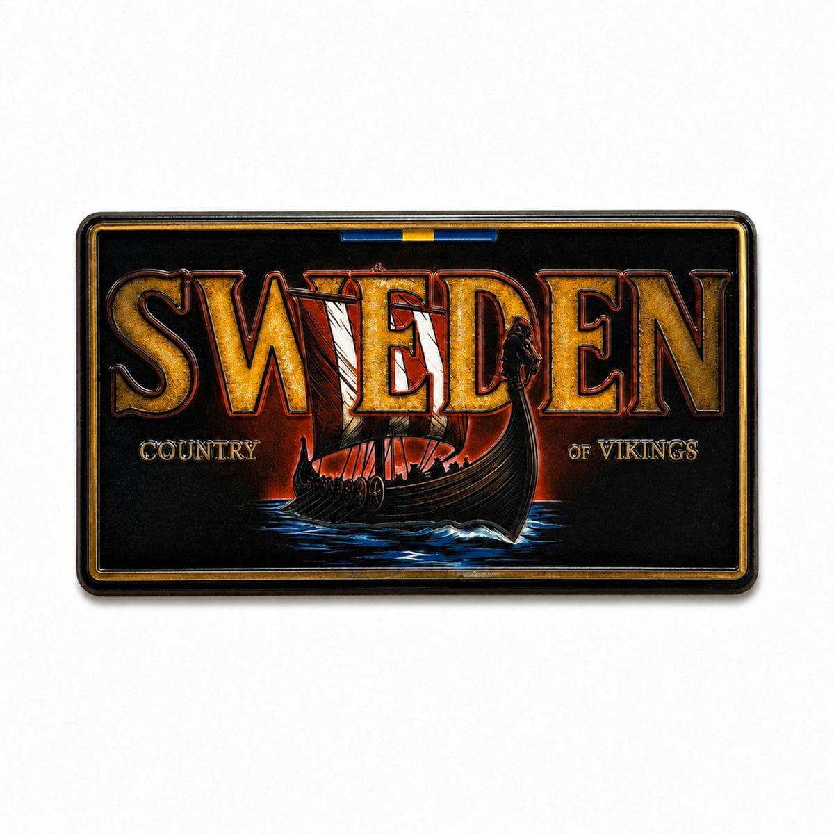 Svart magnet i form av en registreringsskylt med vikingaskepp och texten "Sweden Country Of Vikings".