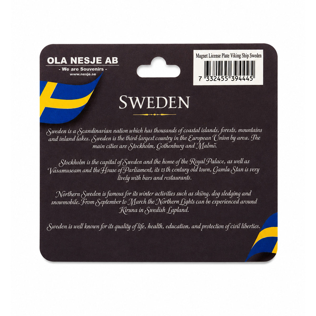 Baksidan av svart header med svenska flaggan och en text om Sverige.