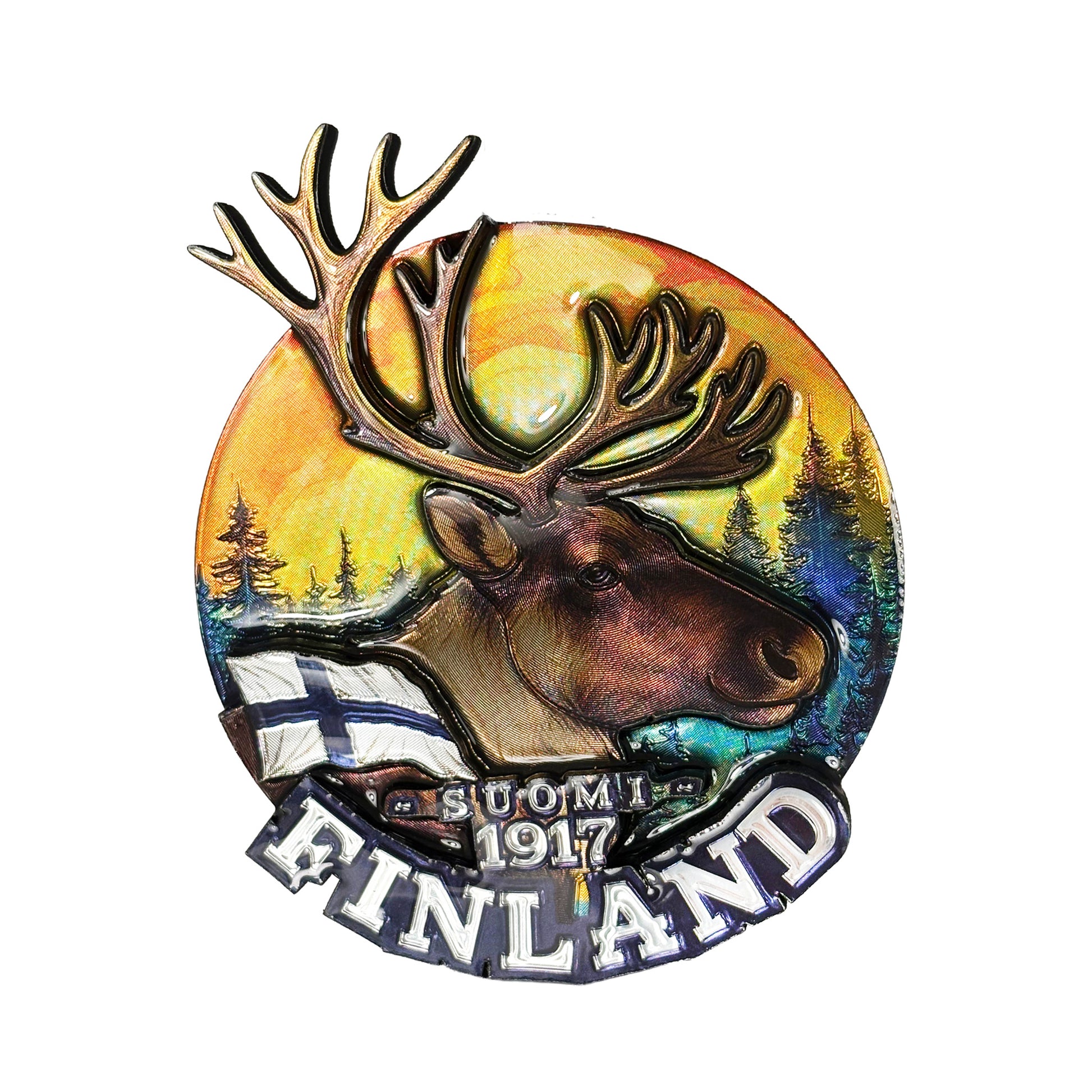  3D-magnet med renhuvud och texten "Finland", perfekt som souvenir eller present med nordisk vinterkänsla.