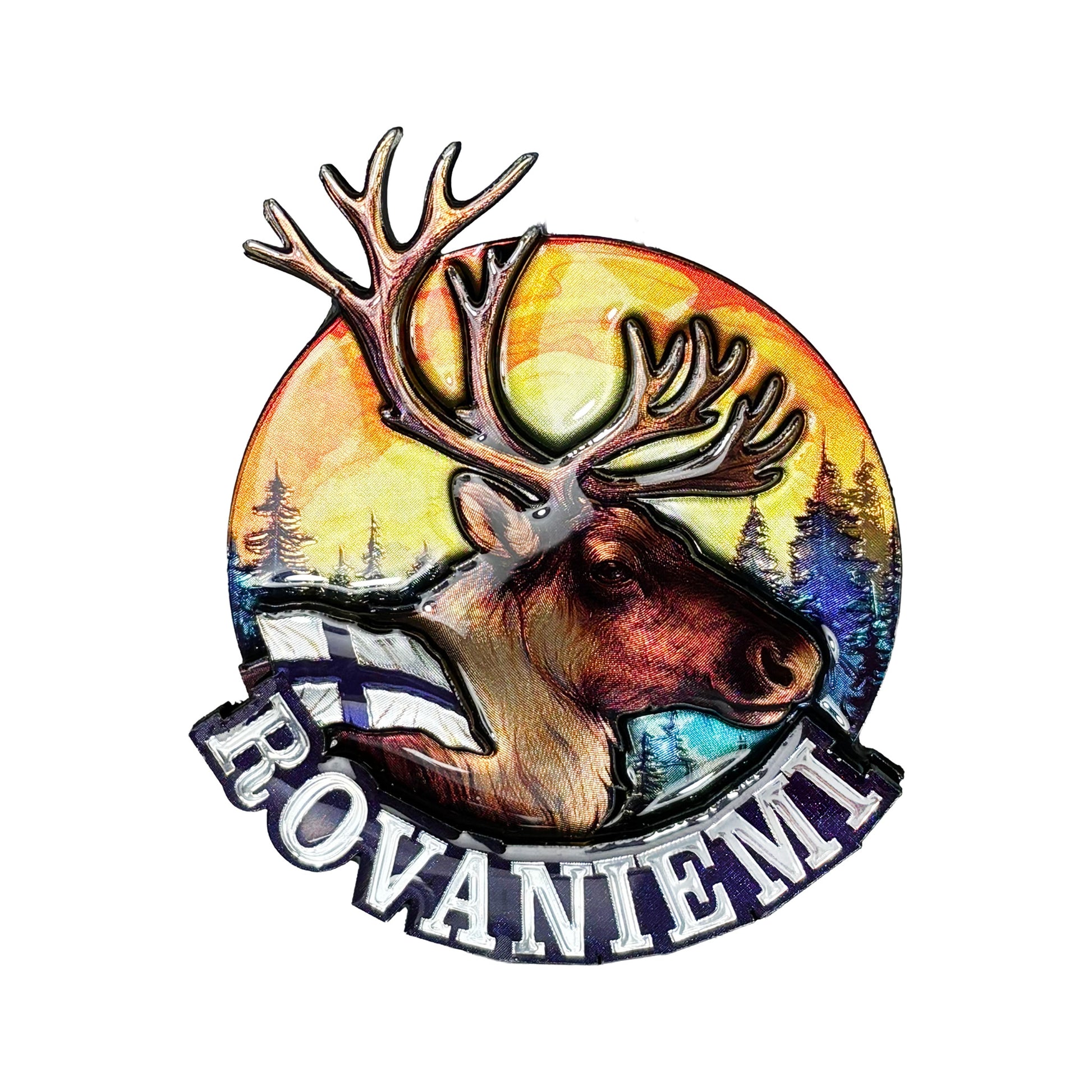 3D-magnet med motiv av ett renhuvud med imponerande horn och texten "Rovaniemi". 