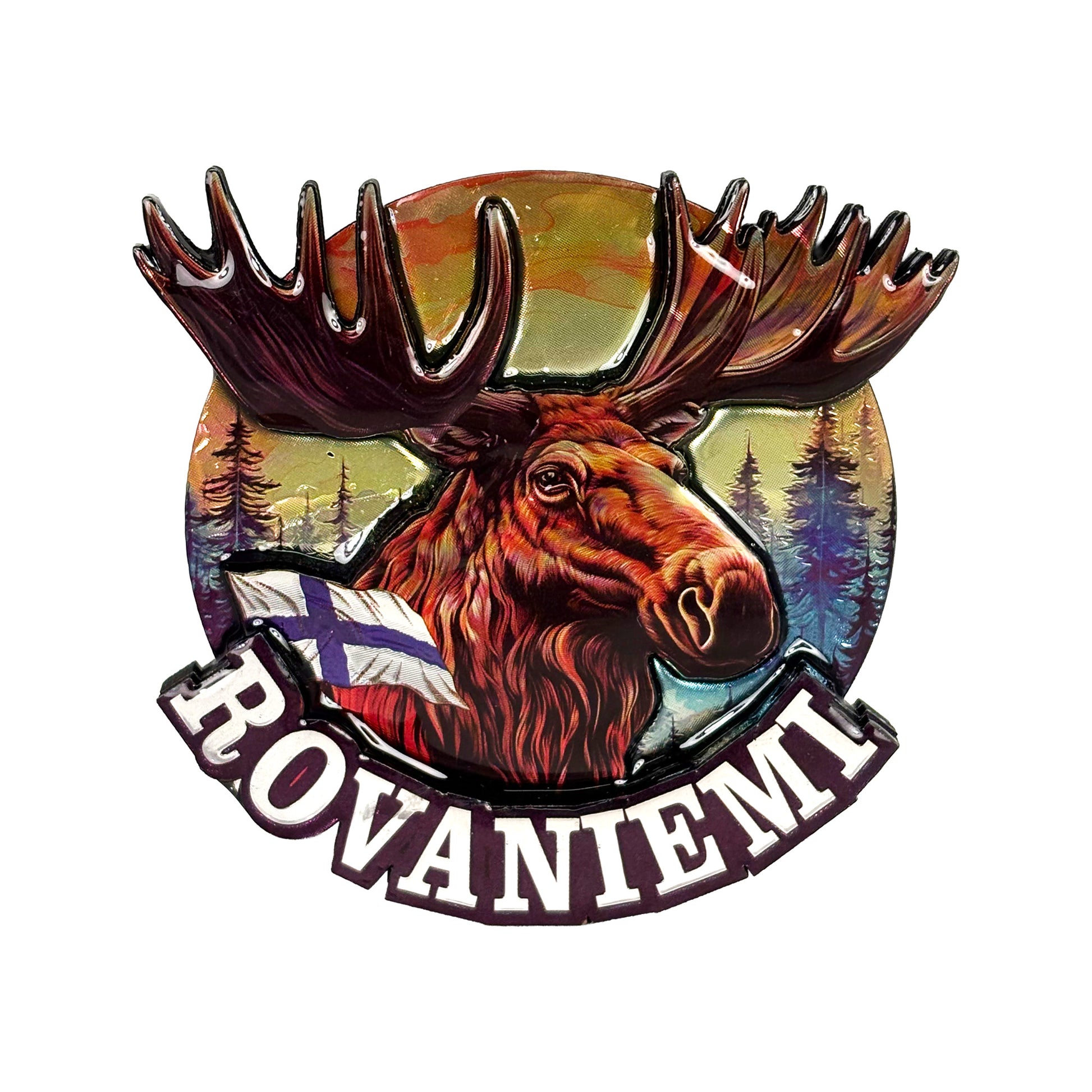 3D-magnet med älghuvud, texten Rovaniemi, finsk flagga och skog i solnedgång – souvenir från norra Finland.