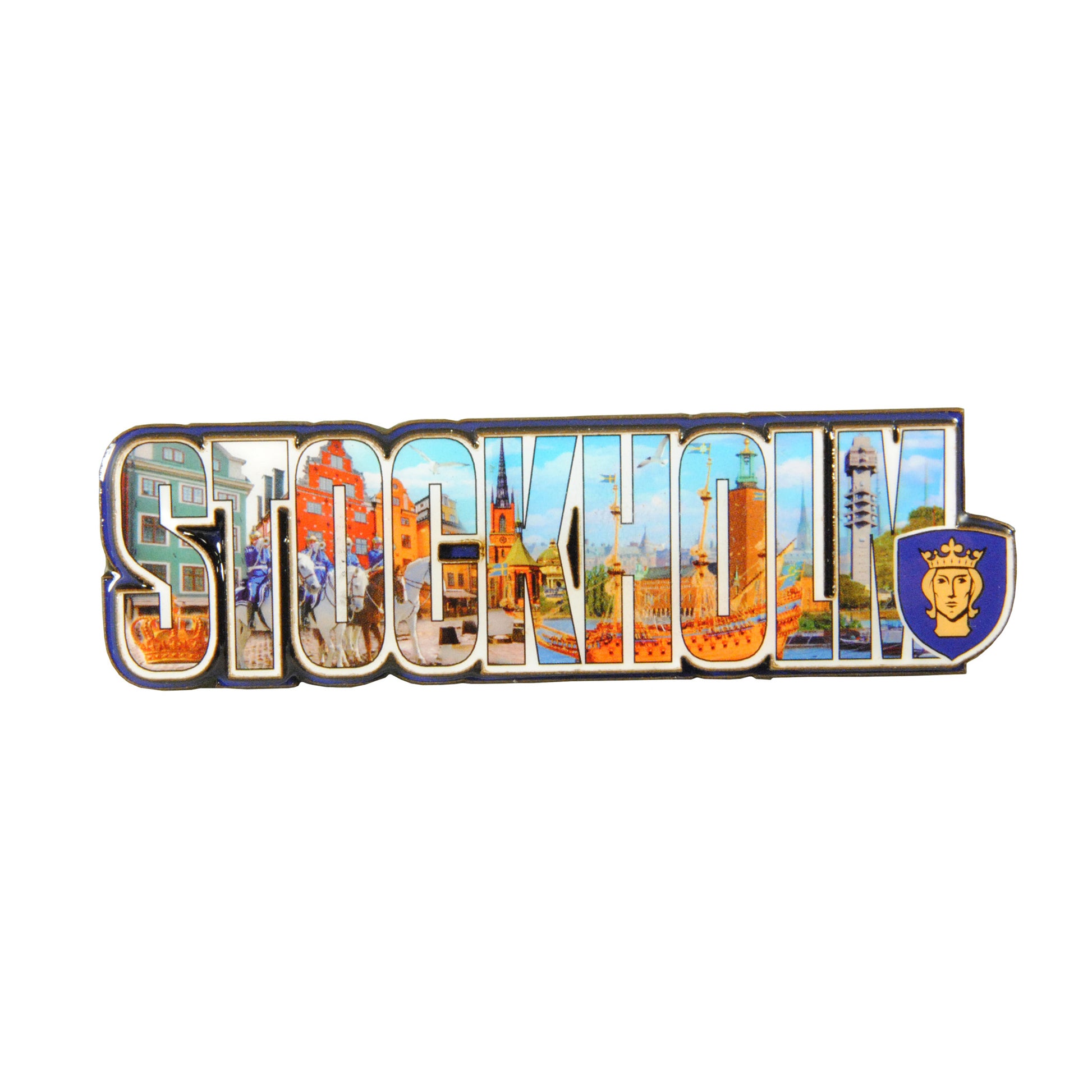 Souvenirmagnet med upphöjd text “Stockholm”, 11 x 3,2 cm. Bilder från hela Stockholm, inklusive S:t Erik, syns i bokstäverna.