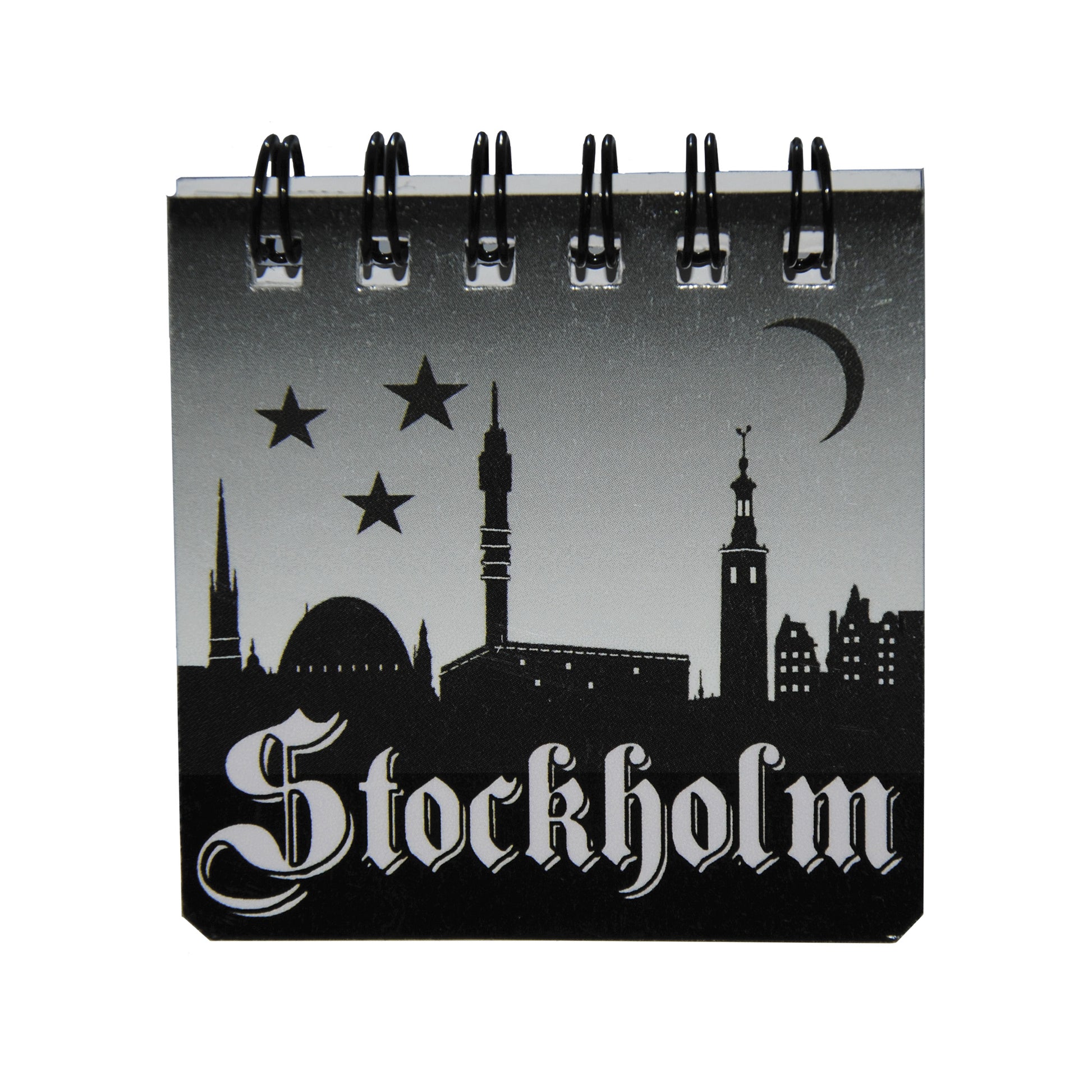 Souvenirmagnet i form av ett anteckningsblock, 6 x 6 cm, med Stockholms skyline nattetid som motiv. Praktisk och dekorativ kylskåpsmagnet.