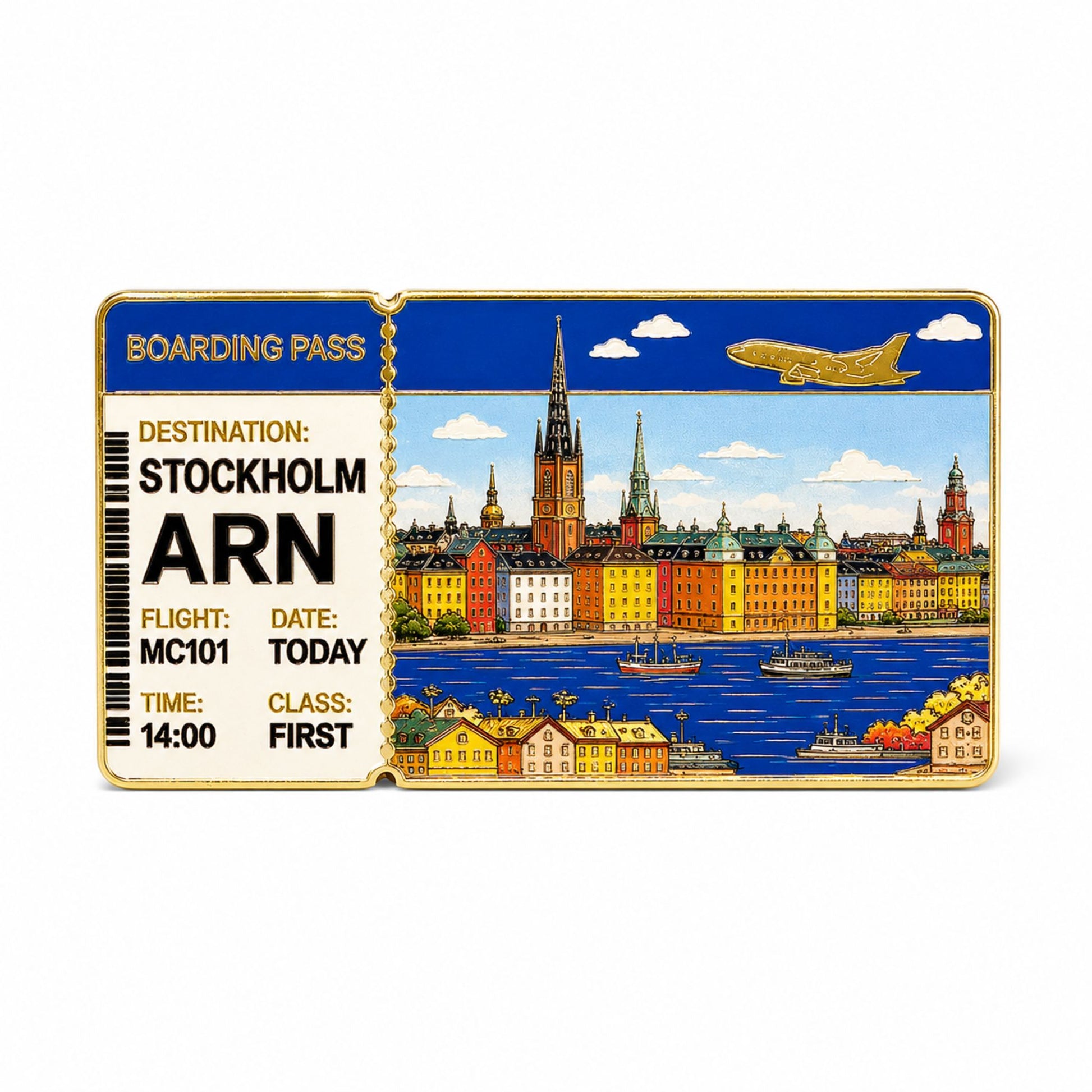 Magnet i form av ett boardingpass med destination Stockholm Arlanda. Till vänster visas flyginformation och till höger en bild av Stockholm stad. 