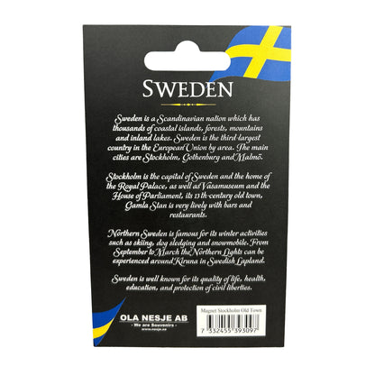 Baksidan av magnetens grå hängetikett med text om Sverige.