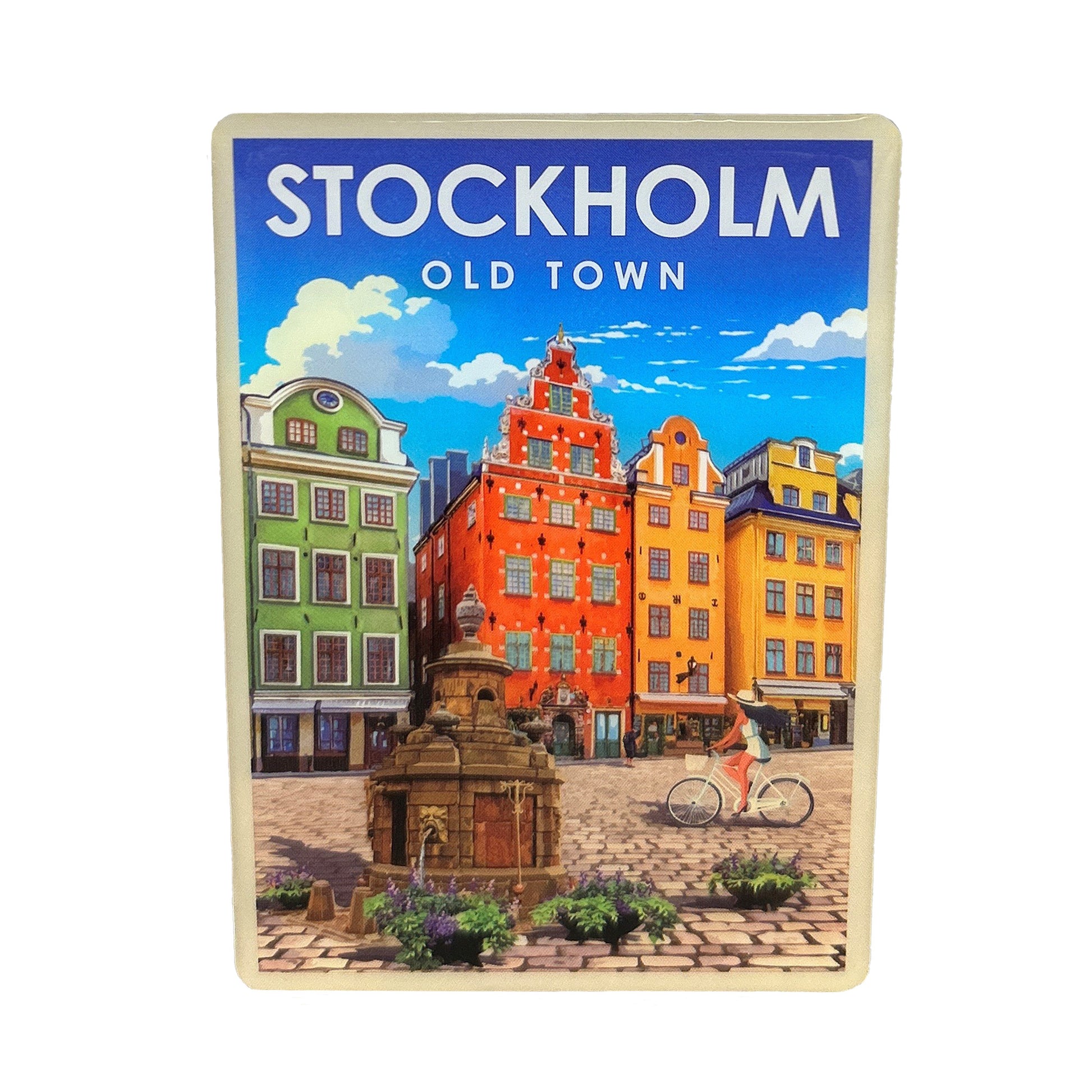 Magnet Stockholm Gamla Stan skildrar en klassisk scen från gamla stan i Stockholm med sina färgglada fasader, kullerstensgator och charmiga gränder.