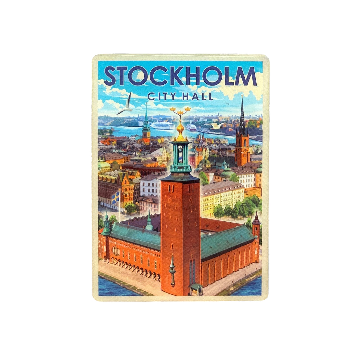 Den här dekorativa magneten skildrar en av Stockholm kändaste byggnader med sin tidlösa charm, mäktiga torn och röda tegelväggar.