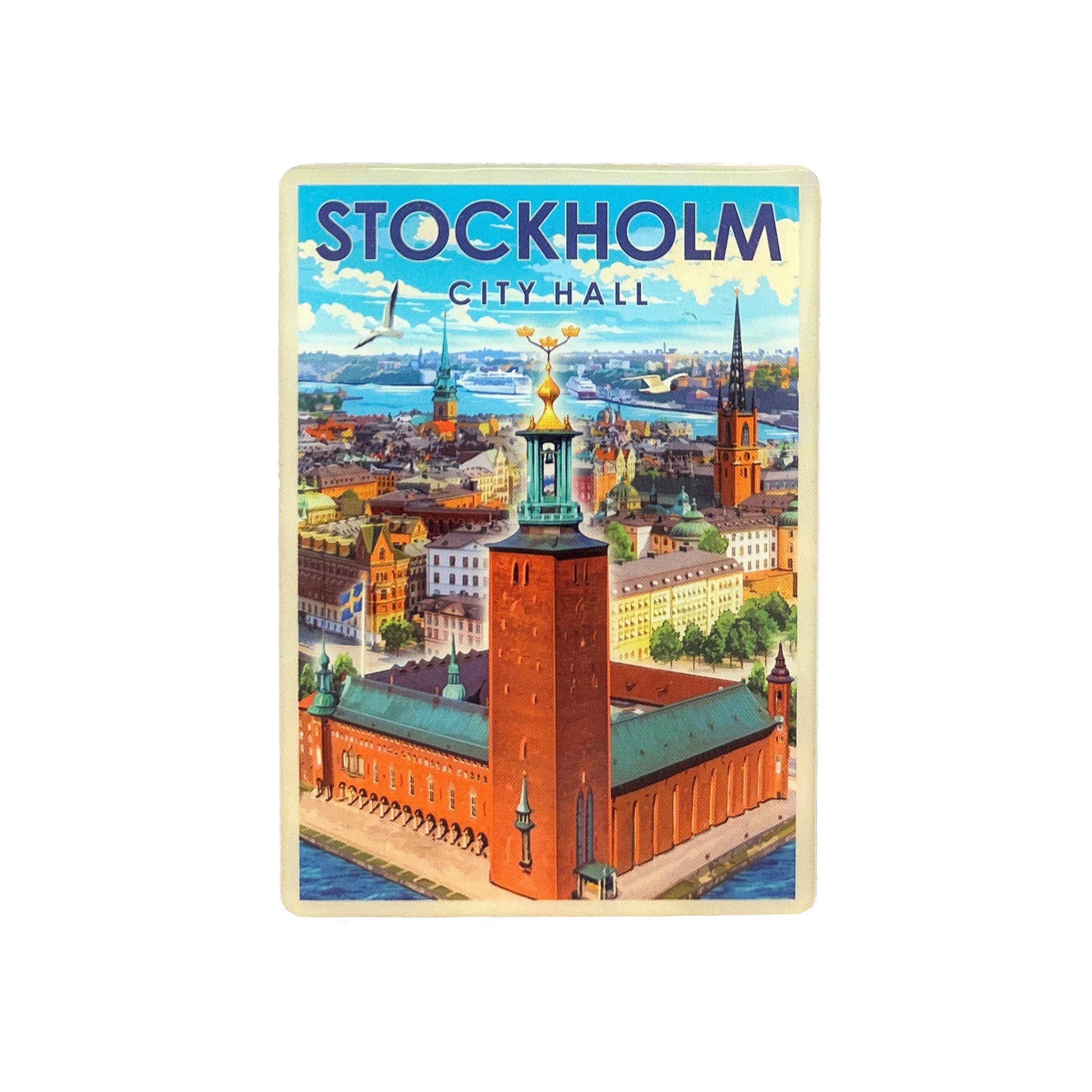 Den här dekorativa magneten skildrar en av Stockholm kändaste byggnader med sin tidlösa charm, mäktiga torn och röda tegelväggar.