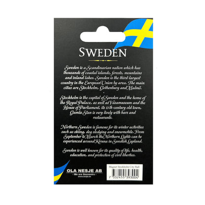 Baksidan av magnetens grå hängetikett med text om Sverige.