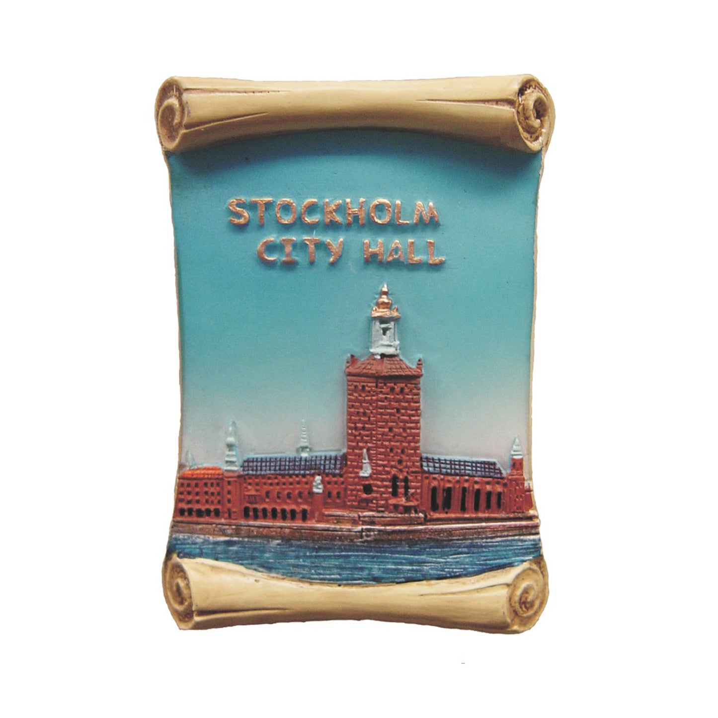 Souvenirmagnet formad som en pergamentrulle med motiv av Stockholms stadshus, 6,5 x 4,8 cm. Fint målad med klassisk och stilren design.