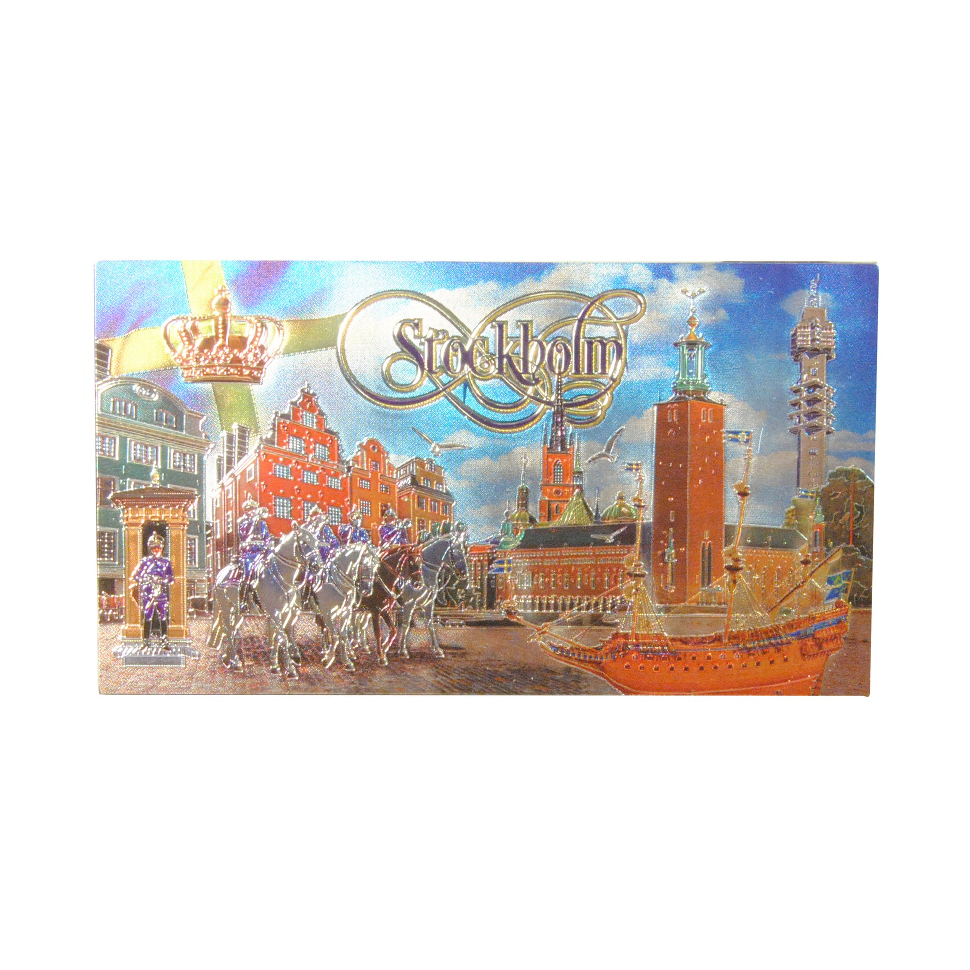 Souvenir­magnet från Stockholm med motiv av Stadshuset, Vasa-skeppet och Stortorget.