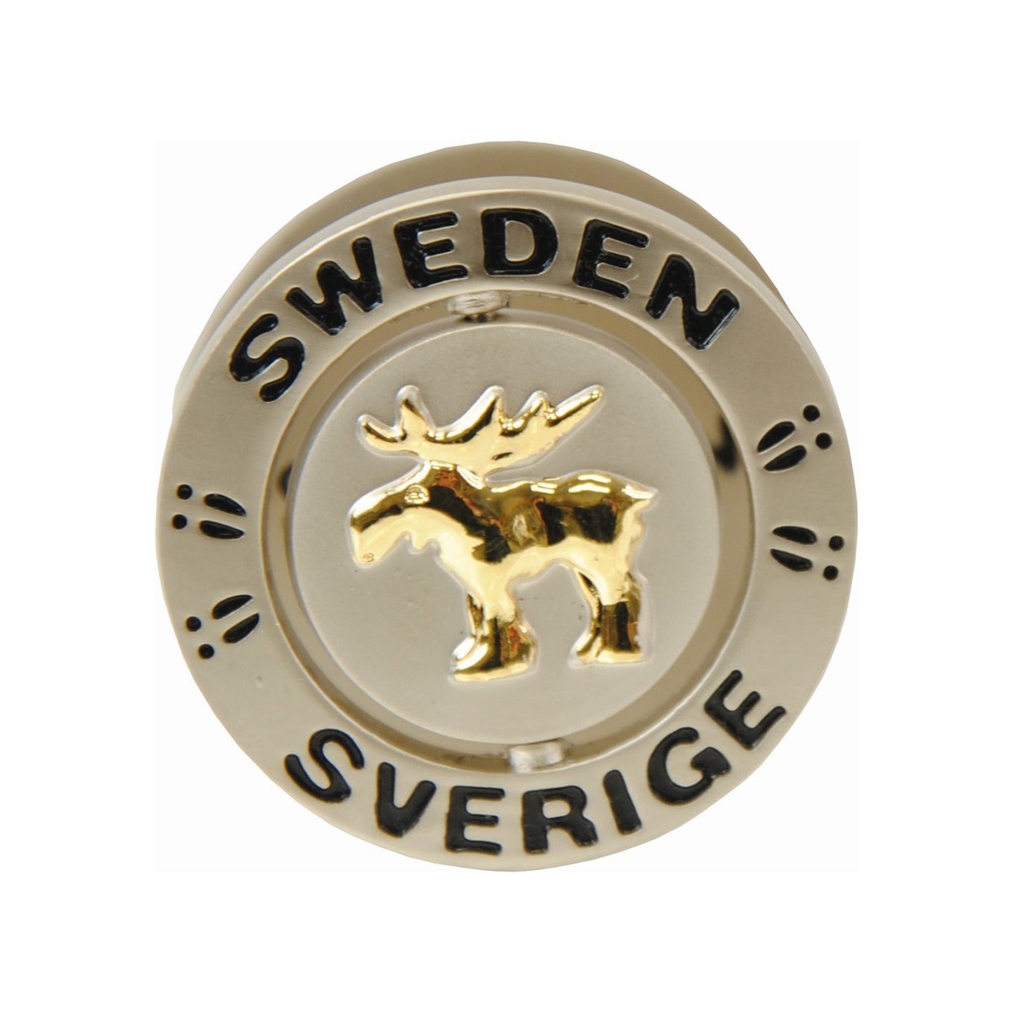 Metallmagnet med snurrande älgfigur och texten "Sweden". En lekfull och dynamisk souvenirmagnet som fångar uppmärksamheten.