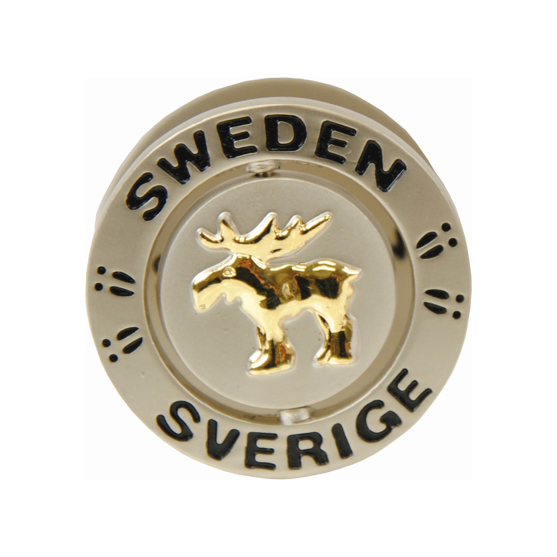 Metallmagnet med snurrande älgfigur och texten "Sweden". En lekfull och dynamisk souvenirmagnet som fångar uppmärksamheten.