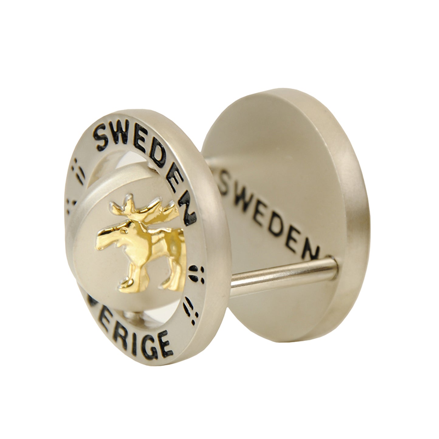 Sidosikt av metallmagnet med snurrande älgfigur och texten "Sweden". Visar magnetens rörliga detalj och design.