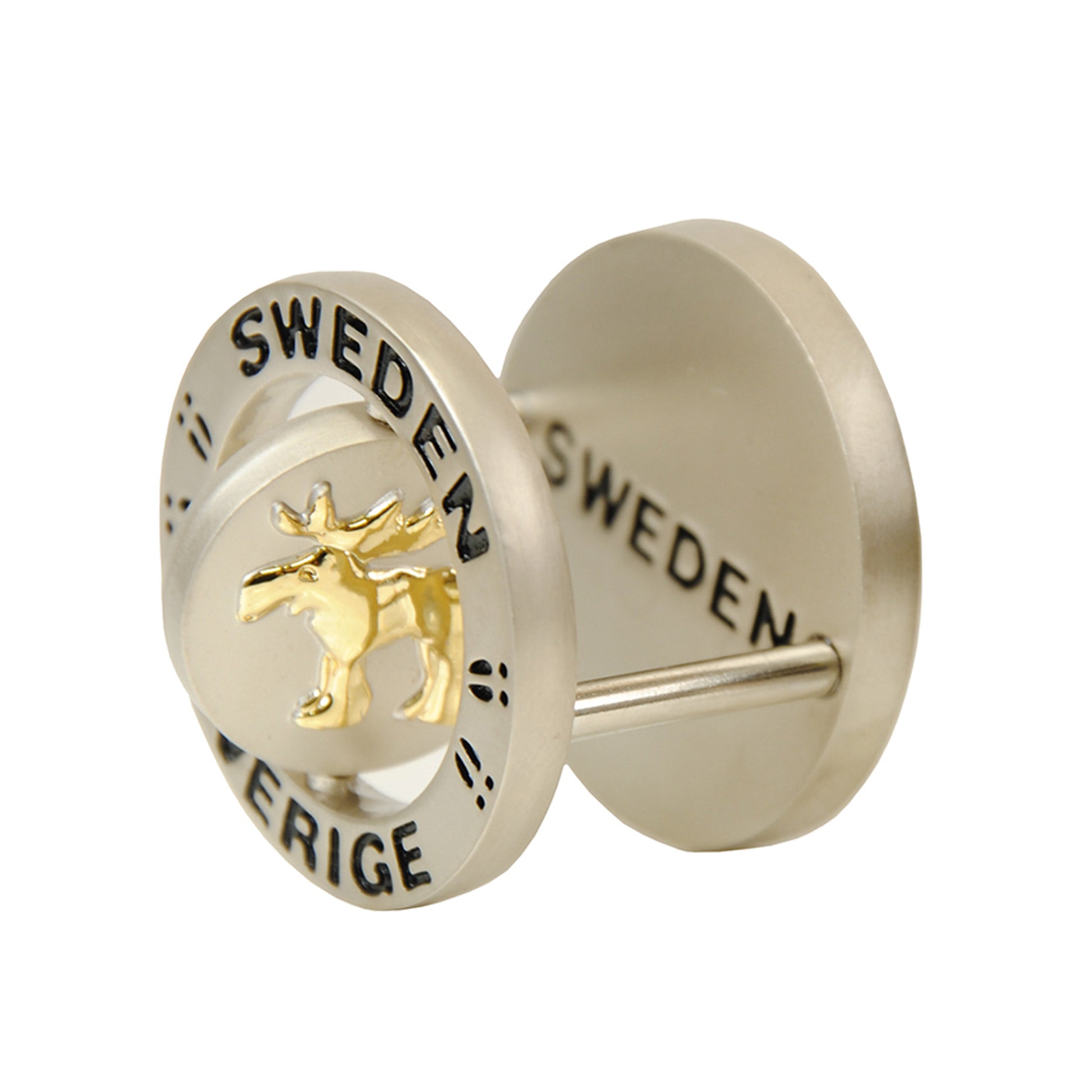 Sidosikt av metallmagnet med snurrande älgfigur och texten "Sweden". Visar magnetens rörliga detalj och design.