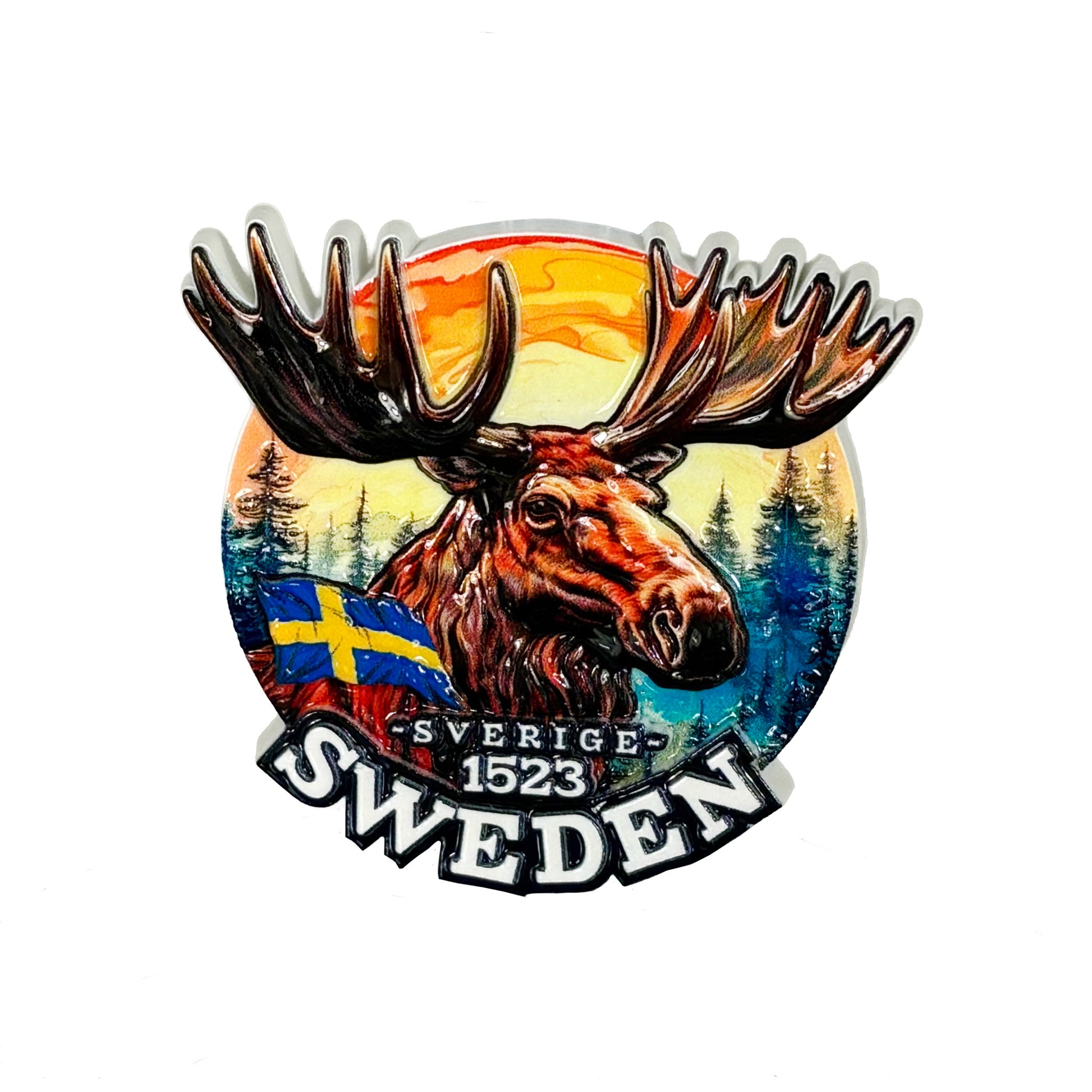 Magnet med ståtligt älghuvud och texten Sweden, sedd framifrån.