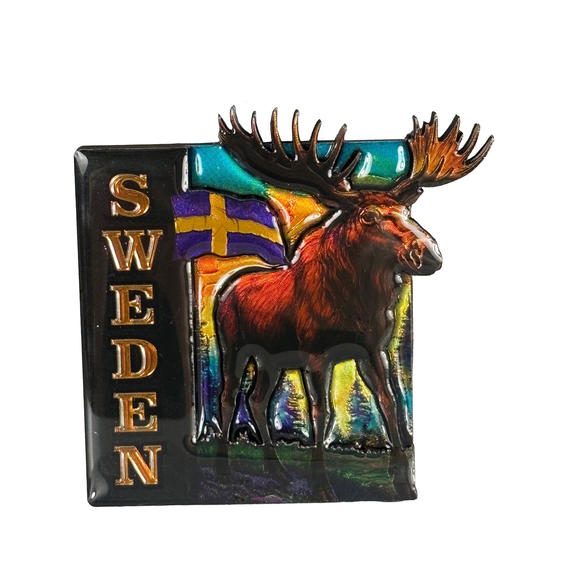 Magnet med stående älg och texten "Sweden", en klassisk svensk souvenir.