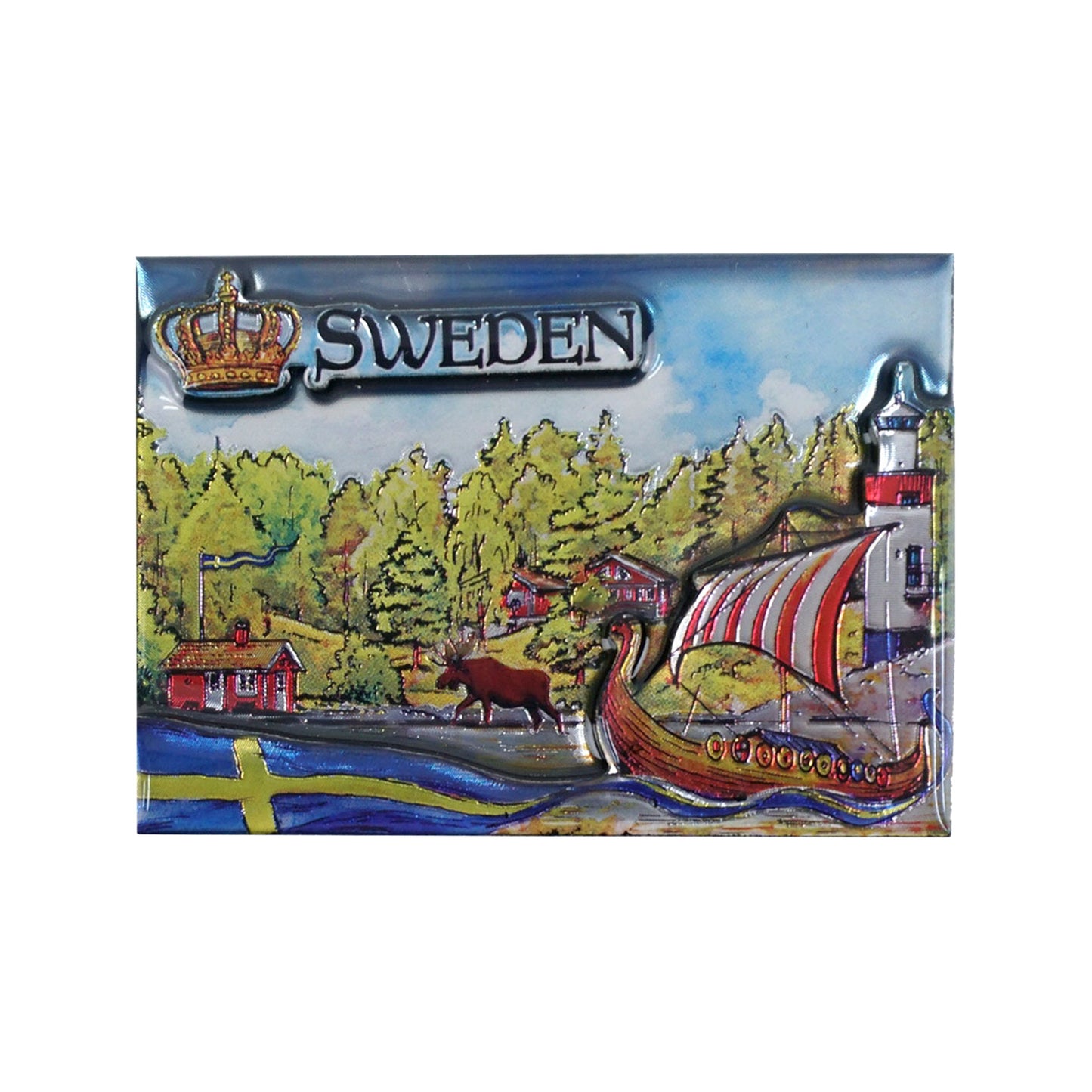 Souvenirmagnet i 2D med svensk natur i bakgrunden, texten "Sweden" och svenska flaggan. En dekorativ magnet som fångar känslan av Sverige.