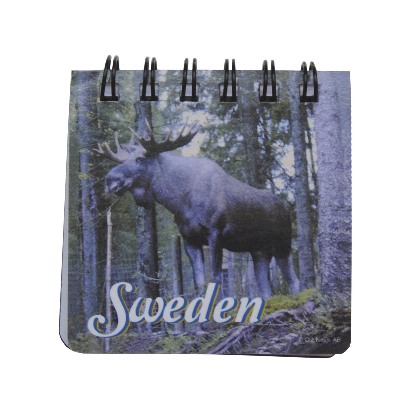 Souvenirmagnet med anteckningsblock, 6 x 6 cm, och motiv av en stor älgtjur med texten "Sweden". Praktisk magnet för kylskåpet – perfekt för minneslappar.









