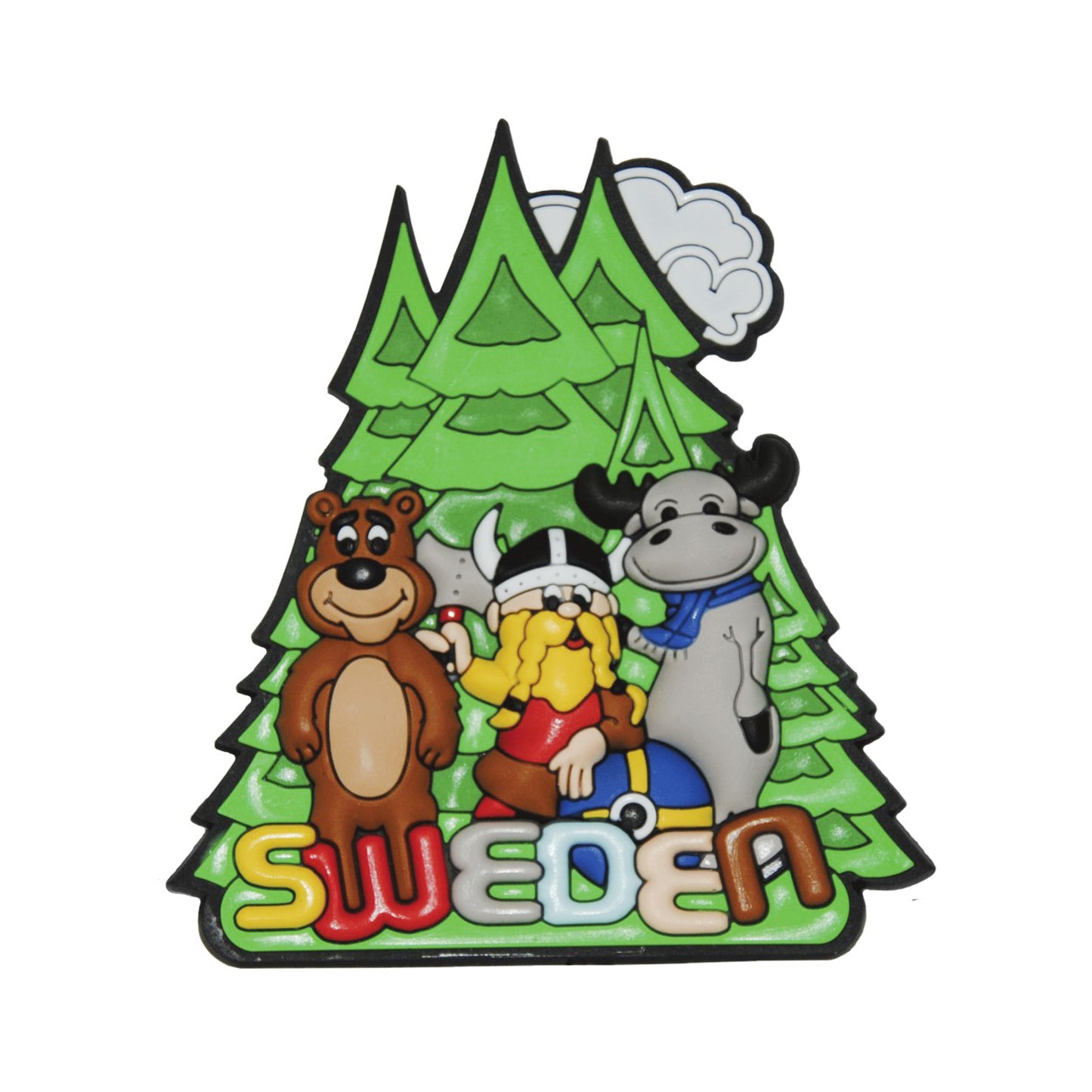 Färgglad tecknad gummimagnet med texten Sweden i olika färger, samt illustrationer av en älg, en björn och en viking med granar i bakgrunden – en lekfull och charmig souvenir.