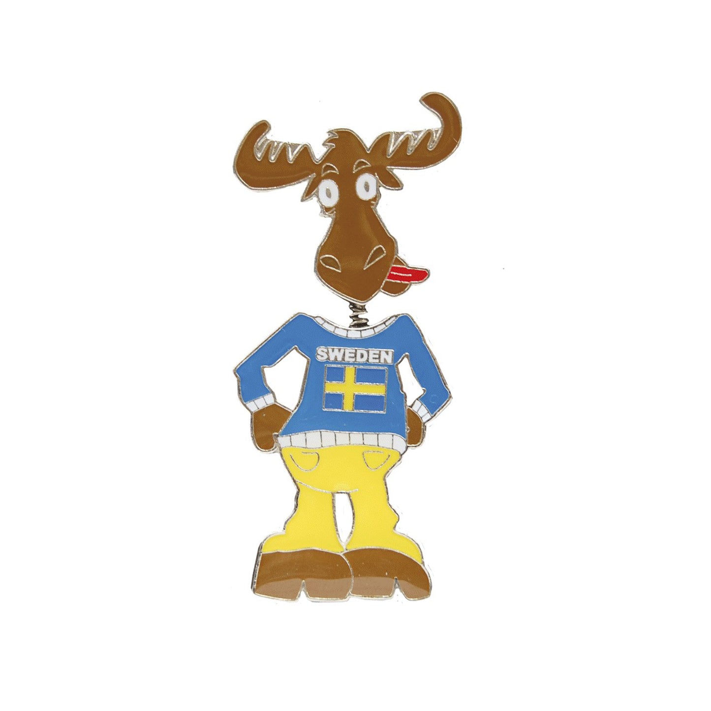 Metallmagnet med älgfigur och rörligt huvud, kallad Tokige Tore, med texten "Sweden". En charmig och populär souvenirmagnet.