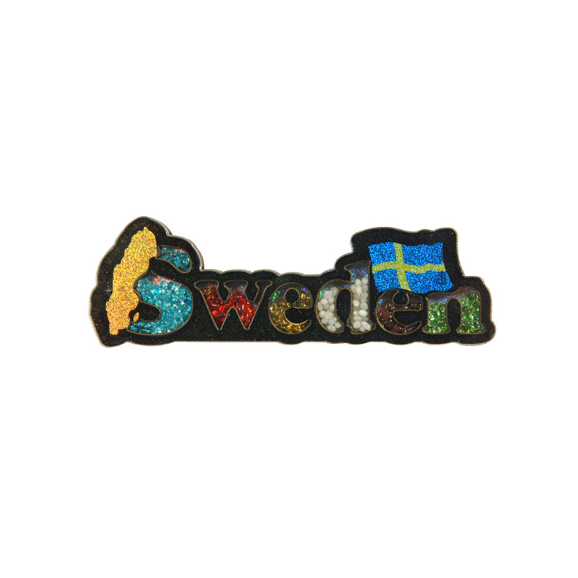  Souvenir­magnet formad som ordet "Sweden", med bokstäver fyllda med färgglada pärlor. En Sverigekarta är fäst vid S:et och en svensk flagga syns ovanför det sista E:et.