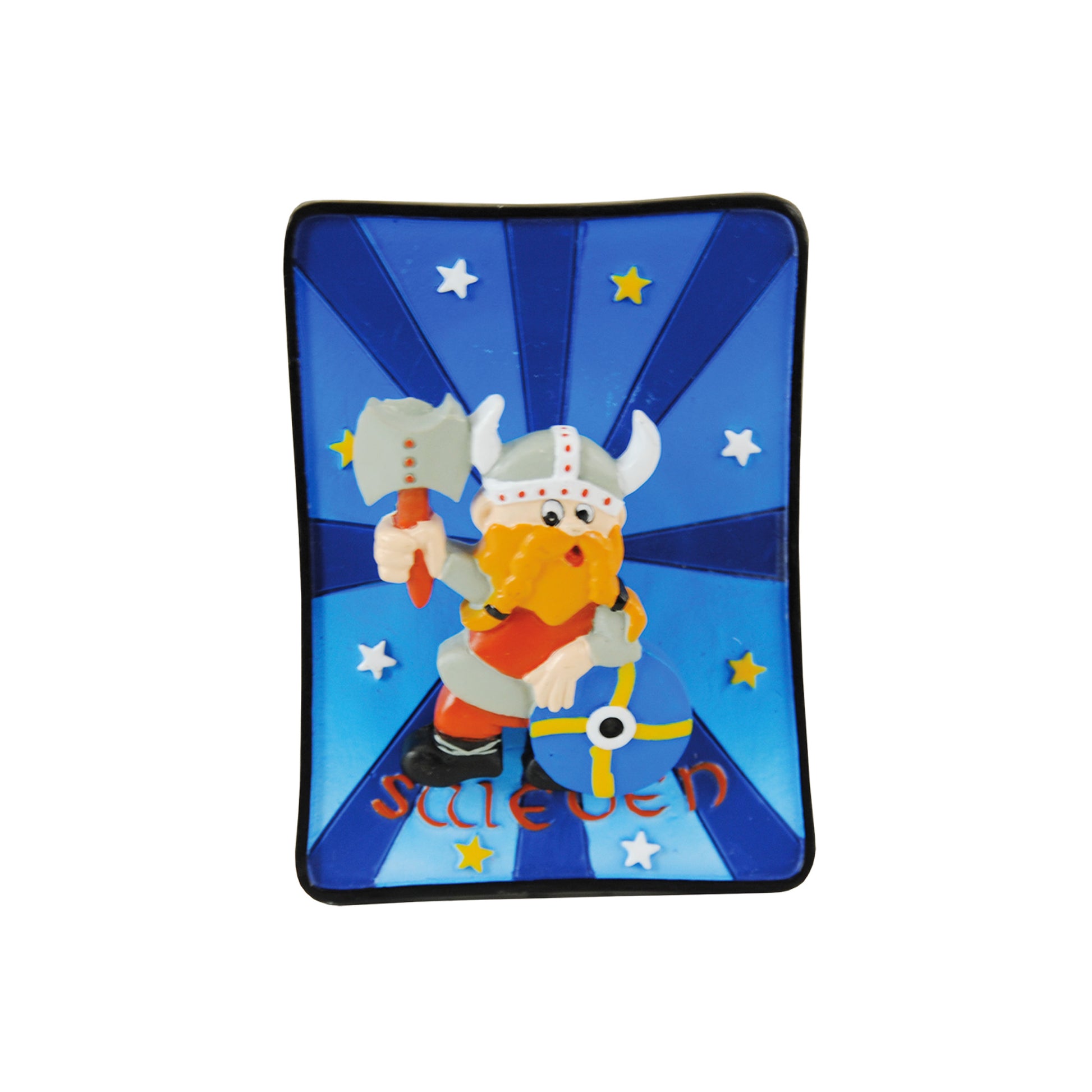 Tecknad 3D-magnet med motiv av en viking och texten Sweden – vikingen sitter på en fjäder och rör sig, vilket ger en lekfull 3D-effekt.