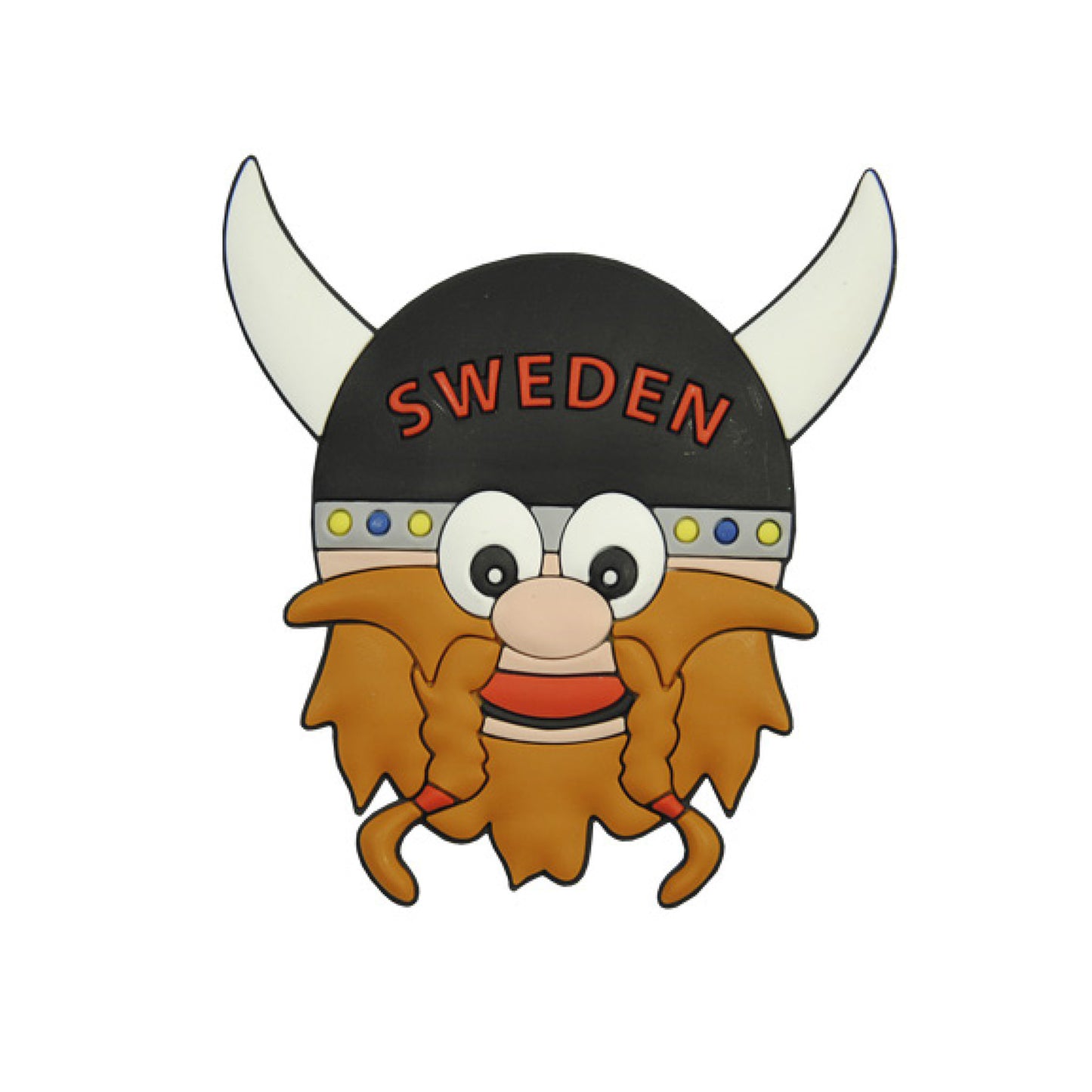 Tecknad 2D-gummimagnet med ett vikingahuvud och texten Sverige Sweden – tålig souvenir med kraftfull magnet och snygg design.