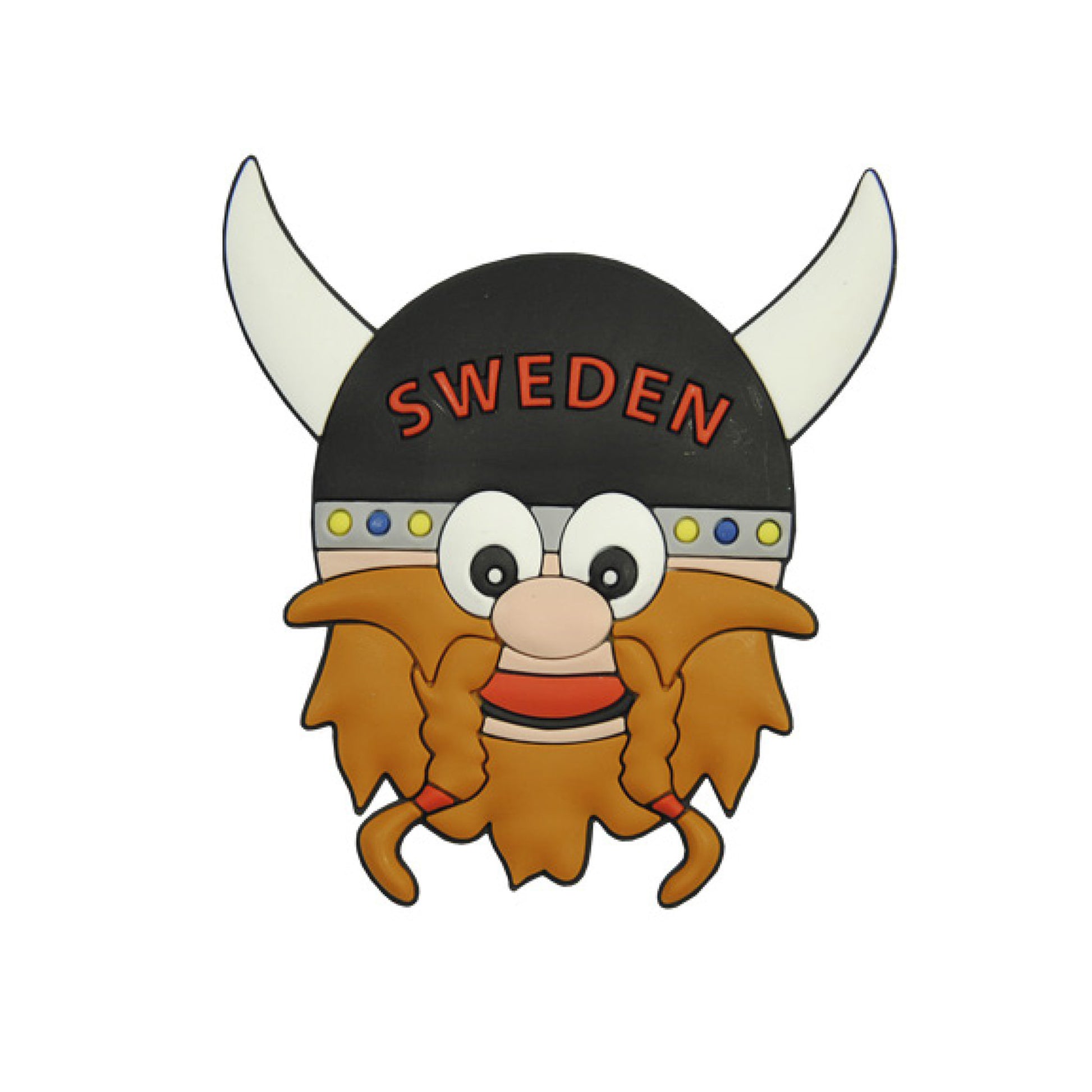 Tecknad 2D-gummimagnet med ett vikingahuvud och texten Sverige Sweden – tålig souvenir med kraftfull magnet och snygg design.