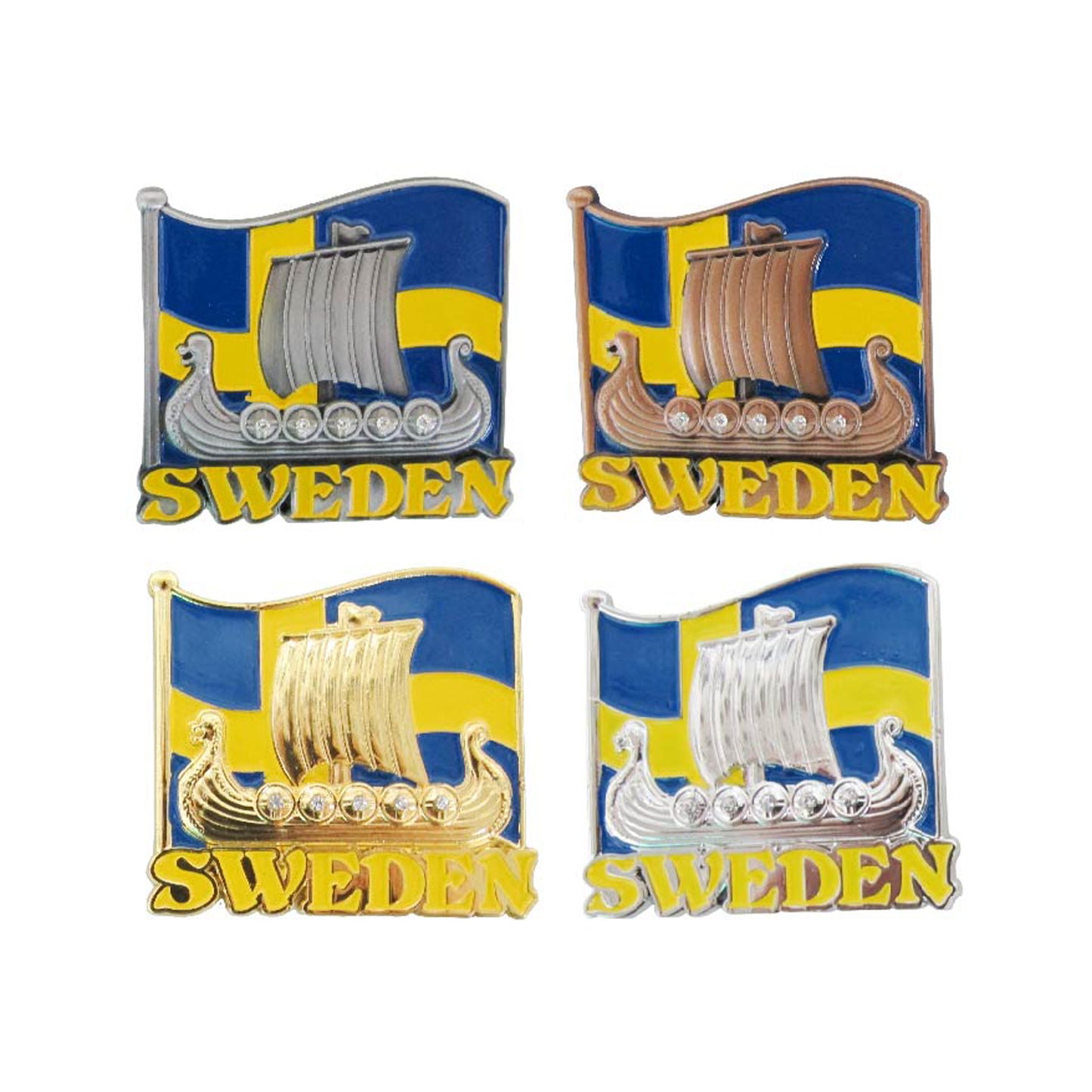 Bild på fyra metallmagneter med motiv av vikingaskepp i 2D och svenska flaggan i bakgrunden. Vikingaskeppen är i olika färger: guld, silver, brons och tenn, med dekorativa stenar på sköldarna.