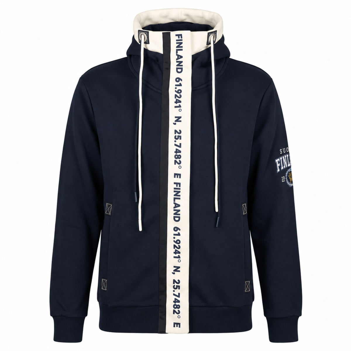 Marinblå Zipper Hoodie med Finlands koordinater, dragkedja framtill, vita och marinblå snören och dekorativt tryck på ärmen. 