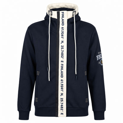 Marinblå Zipper Hoodie med Finlands koordinater, dragkedja framtill, vita och marinblå snören och dekorativt tryck på ärmen. 