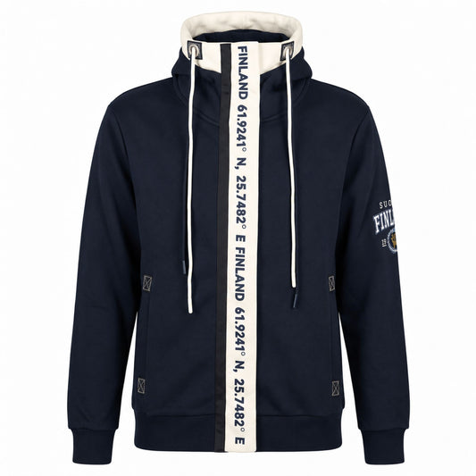 Marinblå Zipper Hoodie med Finlands koordinater, dragkedja framtill, vita och marinblå snören och dekorativt tryck på ärmen. 
