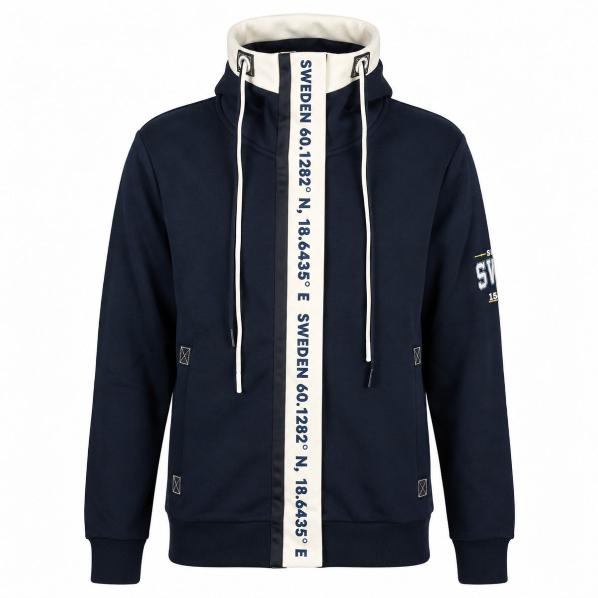 Marinblå Zipper Hoodie med vit rem framtill med texten SWEDEN och Sveriges geografiska koordinater.