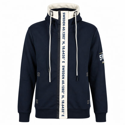 Marinblå Zipper Hoodie med vit rem framtill med texten SWEDEN och Sveriges geografiska koordinater.