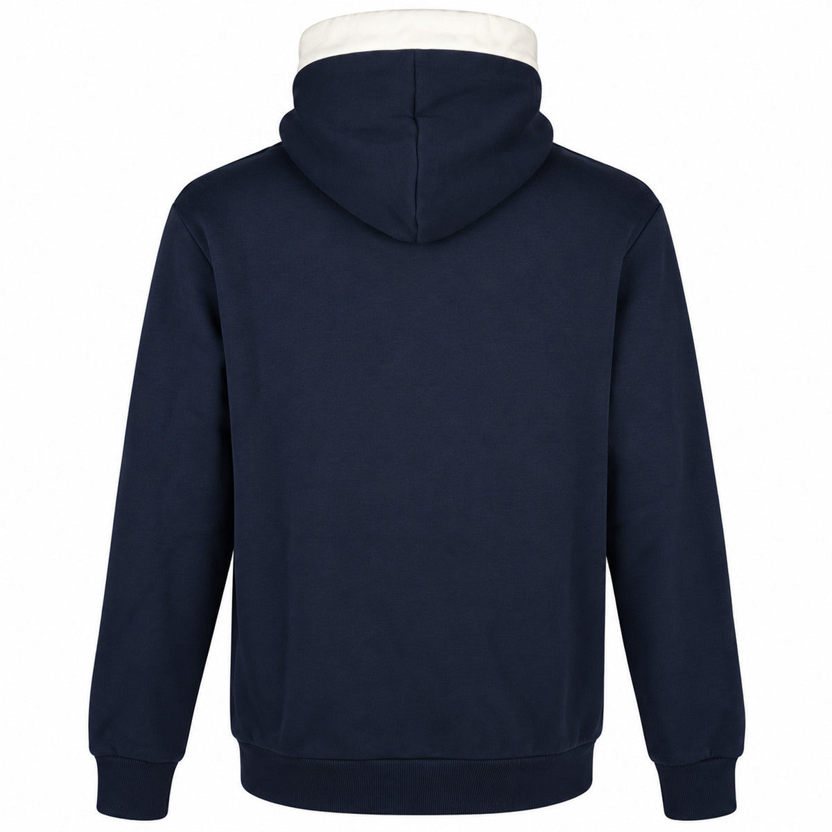 Baksidan av marinblå Zipper Hoodie med huva och ribbad nederkant. 