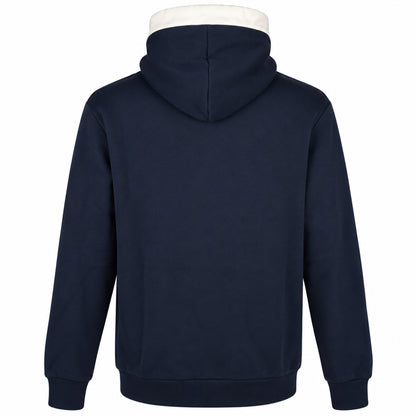 Baksidan av marinblå Zipper Hoodie med huva och ribbad nederkant. 