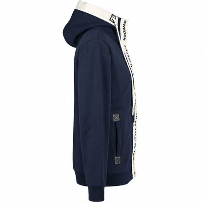 Marinblå Zipper Hoodie med huva, långa ärmar och ribbade muddar. Sedd från sidan.